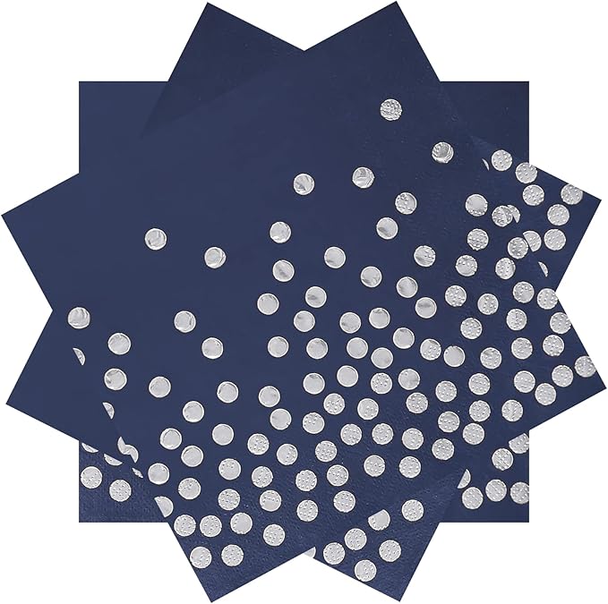13 x 13 Inches Blue Party Napkins,Blue and Silver Beverage Napkin,100PCS Silver Dot Cocktail Paper Napkins for Birthday Wedding Graduation 2023