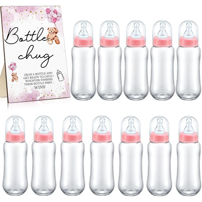Roowest Bottle Chug Baby Shower Game Favors 12 Pcs Baby Bottles Shower Favor with 1 Wooden Sign for Gender Reveal Party Supplies Gifts(Lovely Bear)