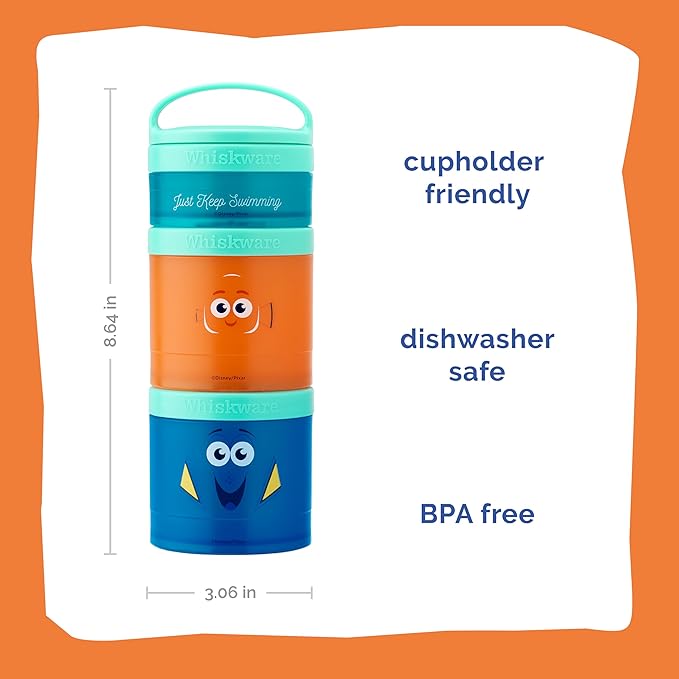 Whiskware Disney Pixar Stackable Snack Containers for Kids, 3 Stackable Snack Cups for School and Travel, Finding Nemo with Nemo and Dory