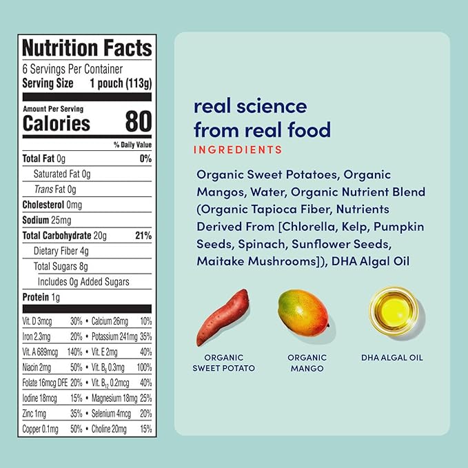 Cerebelly Organic Baby Food Pouches – Organic Veggie Purees for Toddlers | No Added Sugar, Fiber, Non-GMO | Blended Toddler Food | 4oz BPA-Free Baby Food | Sweet Potato Mango | 6 Count