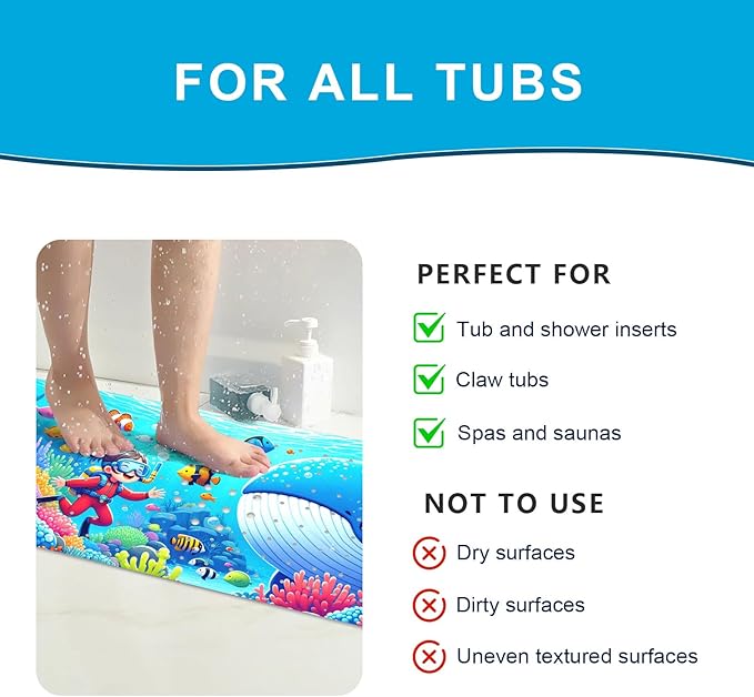 XIYUNTE Baby Bath Mat for Tub Non Slip Kids Bath Mat - 40''x16'' Extra Long Cartoon Whale Baby Bath Tub Mat Eco-Friendly Toddler Bath Mats with Suction Cups & Drain Holes Easy to Clean & Easy Drying