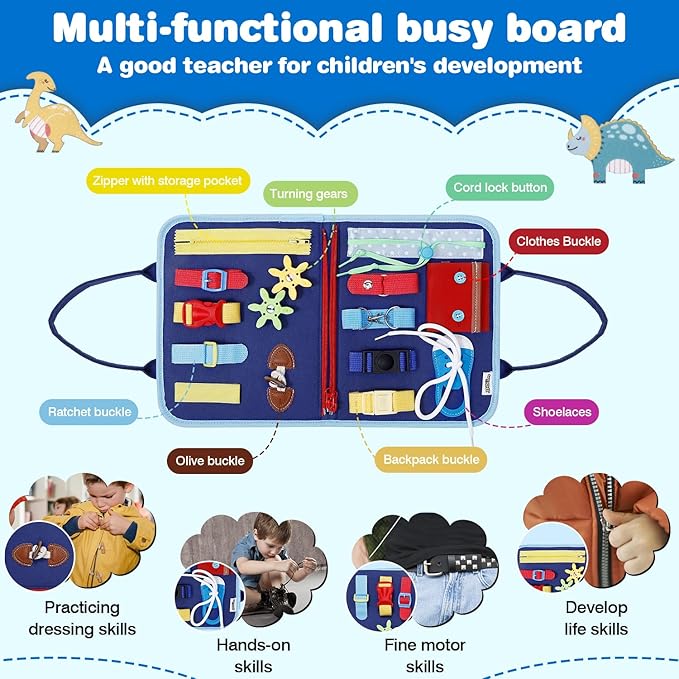 Busy Board Montessori Toys for 1 2 3 4 Year Old Boys Girls Gifts, Sensory Toy for Toddlers 1-3, Educational Activities Travel Toy for Airplane Car, Busy Book for Learning Fine Motor Skills,Blue