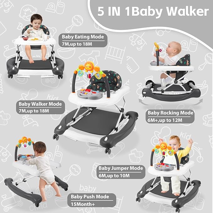Baby Walker, 5 in 1 Baby Walkers for Boys Girls 6-12 Months, Foldable Walkers for Babies with Bouncer & Feeding Tray, Music, Adjustable Heights, Activity Walker for Infant