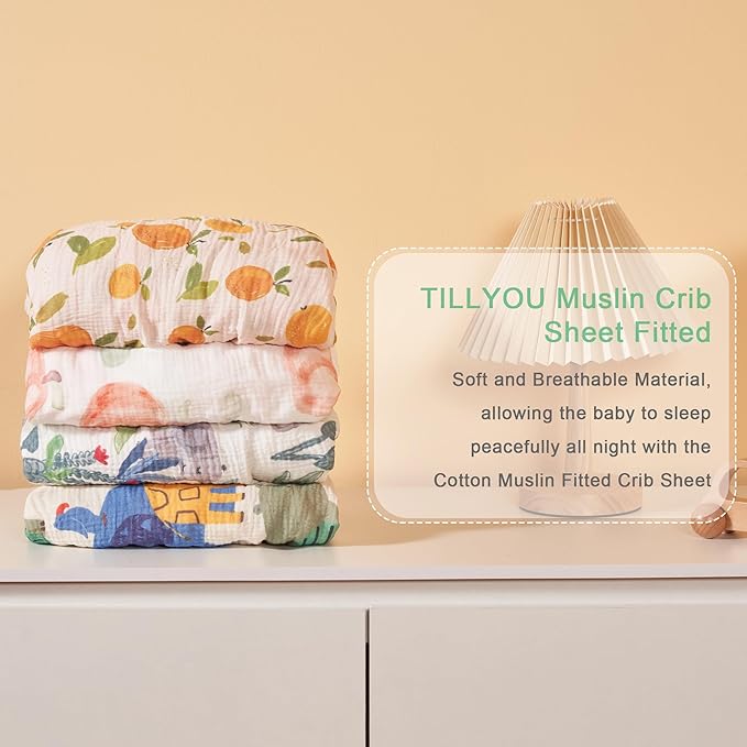 TILLYOU Muslin Crib Sheets for Boys and Girls 2 Pack, Neutral Soft Cotton Baby Crib Mattress Protector, for 52x 28 Toddler Bed, Peach dot & Light Green