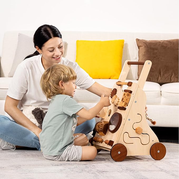 Wooden Baby Walker, Adjustable Speed Push Walker, Montessori Walker for Boys and Girls, Baby Activity Center, Sit to Stand, Toddler Push Toys for Babies 9-12 Months, 1 2 3 Year Old