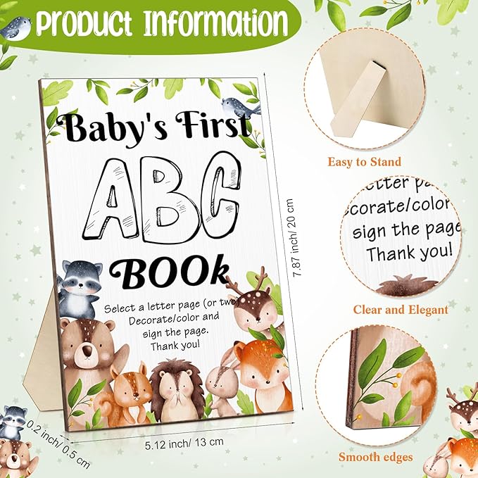 Geelin 51 Pcs Fun Baby Shower Game Activities First Abc Book Sign Coloring Game Card 26 Alphabet a to Z Coloring Card with 24 Watercolor Pen Storage Bag for Baby Shower Party(Woodland)