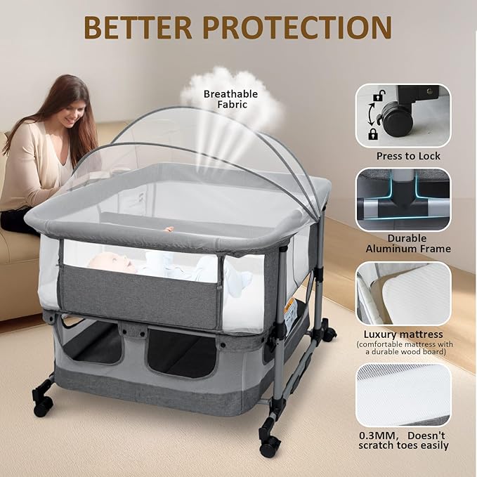 Twin Bassinet for 2 Babies, Double Bassinet for Twins, Rocking Bassinet with Wheels and Storage Basket, Full-Mesh Sides, 5-Height Adjustable, Portable and Stable Baby Crib (Standard Grey)