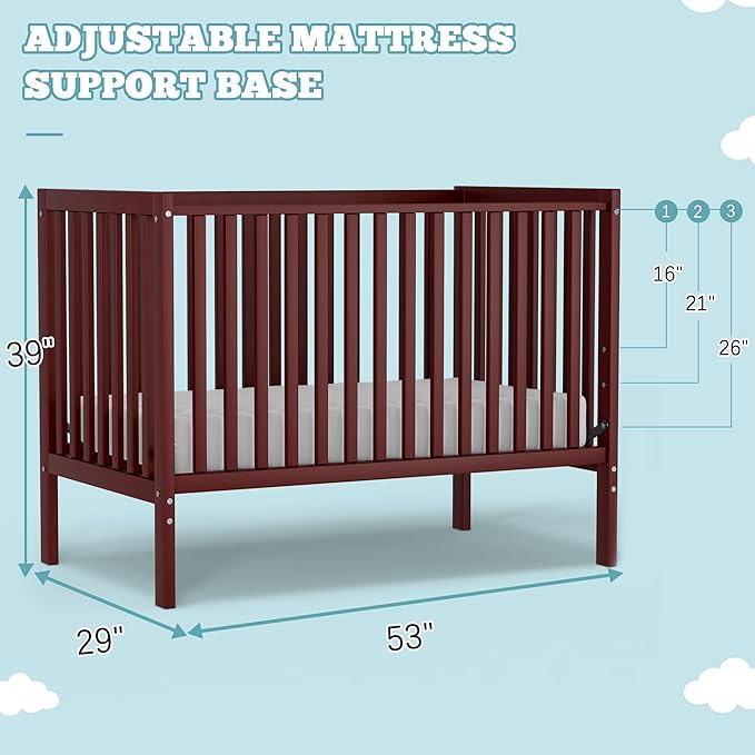 Baby Crib 5-in-1 Convertible, Wood Full Size Toddler Bed for Small Baby, Made of Sustainable Natural Pinewood Cribs, Non-Toxic Finish, Simplistic Nursery Furniture (Cherry)