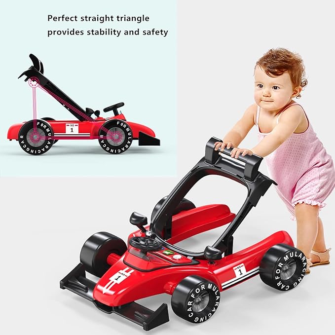 4-in-1 Baby Walker, Foldable Activity Walker with Adjustable Height & Speed, Music, Lights, Steering Wheel, Activity Baby Push Walker for Boys Girls Aged 6–18 Months (Red)