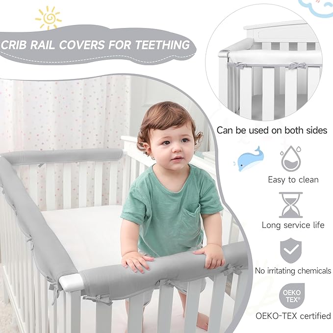 Gray 3pcs New Teething Edge Crib Rail Cover&Corner Guard Coverage Straps,Reversible Guardrail Cover Protector for Boys Girls(1 Long 2 Short)