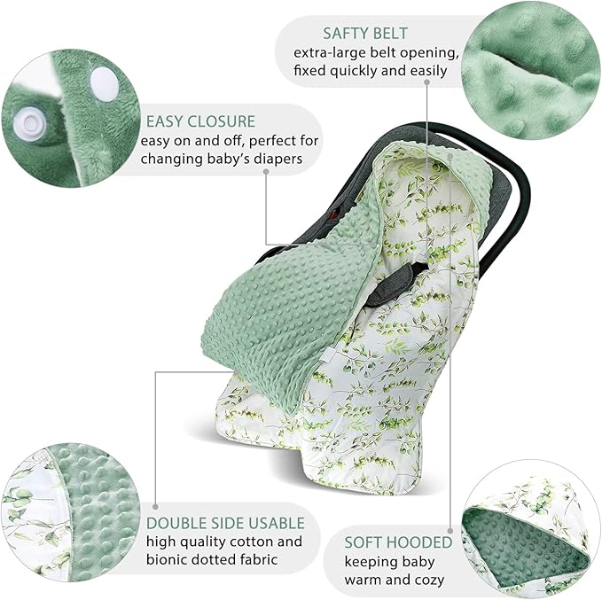Miracle Baby Car Seat Blanket for Babies, Minky Dot Carseat Swaddle Blankets for Infants Newborn Boys and Girls (Green Leaves)