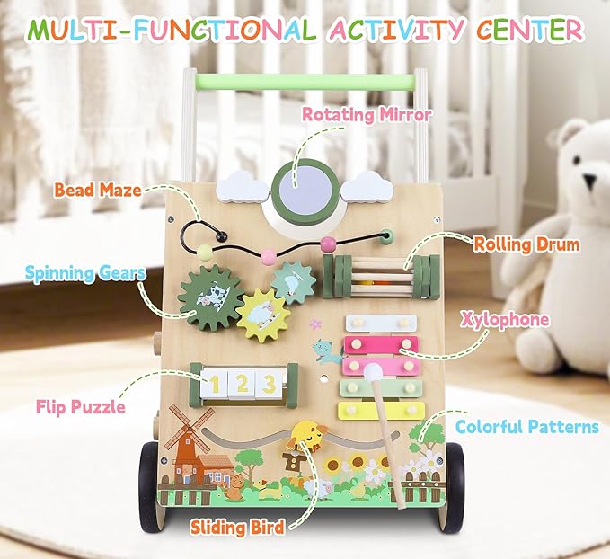 Wooden Baby Walker with Wheels, Toddler Push and Pull Walker Toys, Montessori Multiple Baby Activity Center Push Cart for Babies 6-12 Months 1 2 3 Years Old (Farm)