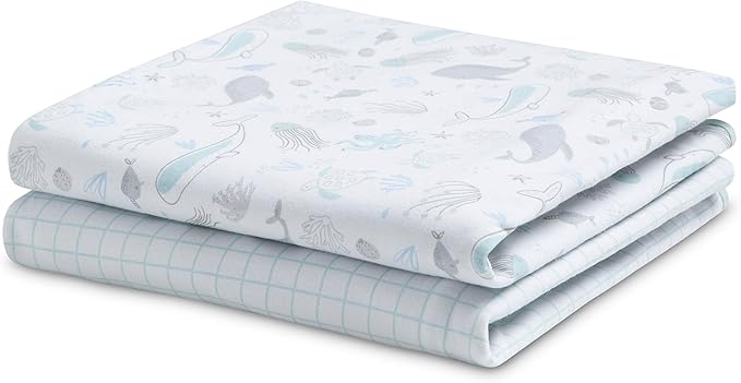 Delta Children 100% Organic Cotton Fitted Crib Sheets, Sea Life + 100% Organic Jersey Cotton Baby Receiving Blankets – 30x40 Inches, GOTS Certified (Pack of 2) (Bundle)