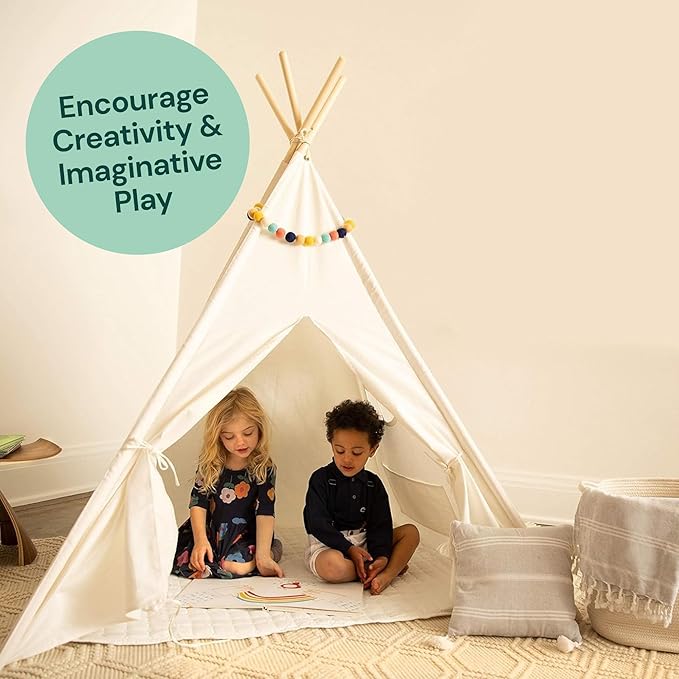 PLAYVIBE Teepee Tent for Kids - Castle Theme, Plastic Canopy - Indoor & Outdoor Toddler Playhouse with LED Star Lights & Cozy Reading Nook