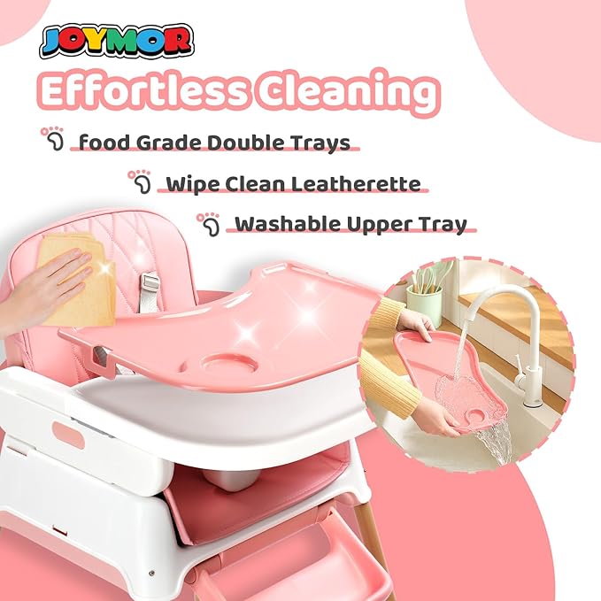 JOYMOR 5 in 1 Baby High Chair for Babies and Toddlers, Portable Highchair Fold Compact, ConvertibleBaby Feeding Chair Booster for Eating with Detachable Double Tray, 5 Point Harness (Pink)