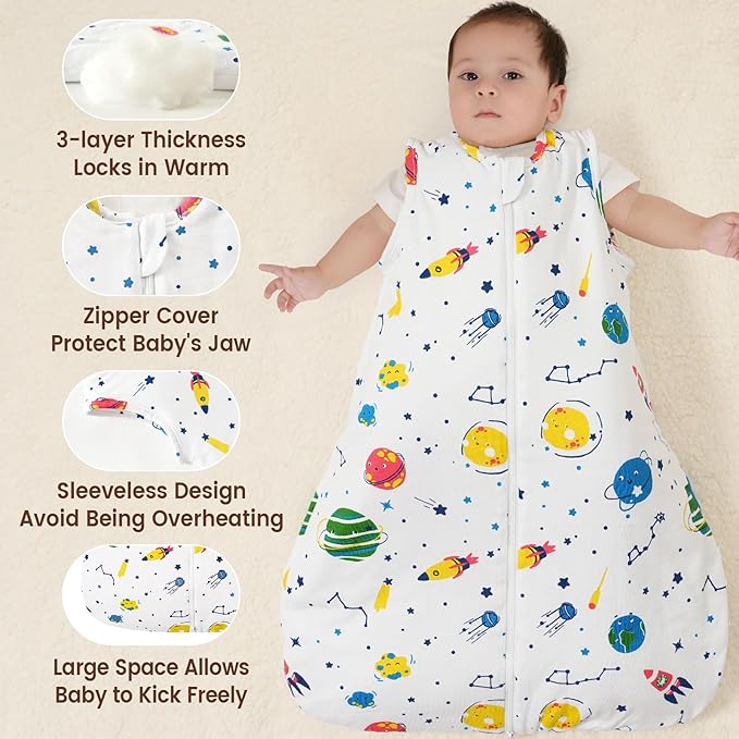 PHF 100% Cotton Baby Sleep Sack 12-18 Months, 2.5 TOG Winter Baby Wearable Blanket with 2-Way Zipper, Warm Comfy Quilted Sleeping Bags, Infant Sleeping Sack for Newborn Boys, Large Size, Space