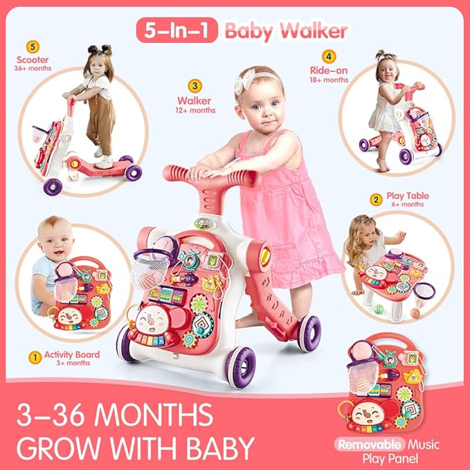 Baby Walker 5 in 1,VATOS Sit-to-Stand Learning Walker,Assemble as Scooter/Balance Bike/Push Walker/Activity Table/Detachable Panel,Push Walkers Toys with Music for Toddlers Infant Boys Girls