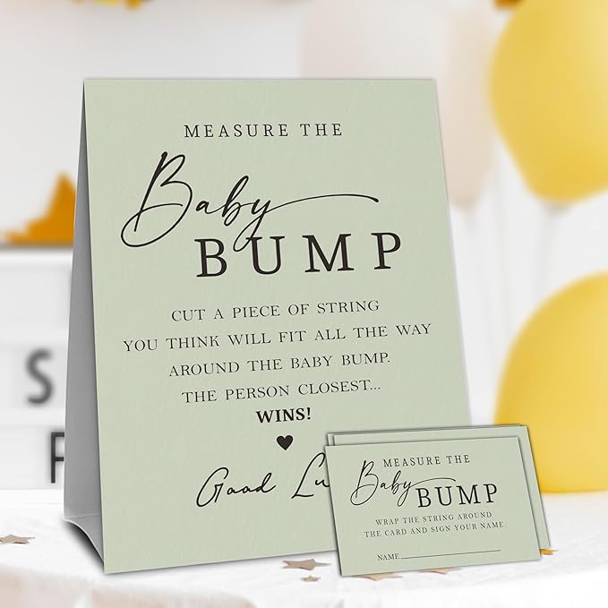 Light Green Baby Shower Measure The Baby Bump, Measure Mommy's Belly Game Set - 1 Self-Standing Sign And 50 Tickets - Gender Reveal, Baby Shower, Baby Announcement Activity & Party Favor Supplies -A13