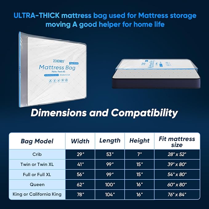 ZCHENBS® – Mattress Bags for Moving and Storage,Mattress Bag with Zippers,5 Mil Ultra-Thick Bed Bag,Waterproof,Anti-Tear,Heavy-Duty Mattress bag (Transaparent/Blue, Full/Full XL-(1 Pack))
