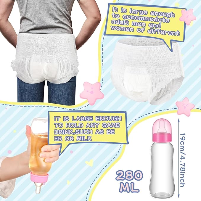 6 Sets Bottle Chug Baby Shower Games Plastic Baby Bottles Bulk Diapers Gender Reveal Games Hat and Adult Bib Race Game Decoration for Girl Adults (Classic Style,Colourful)