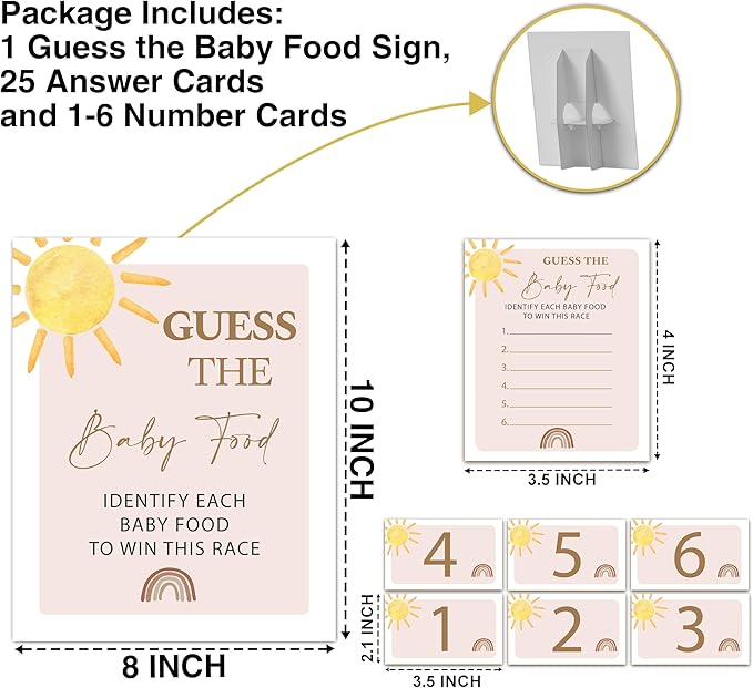 Guess the Baby Food Game Shower, 8x10 Inches Sign 25 Answer Cards and 6 Number Cards, Boho Sunshine Shower Party Decorations Supplies Favors - E04