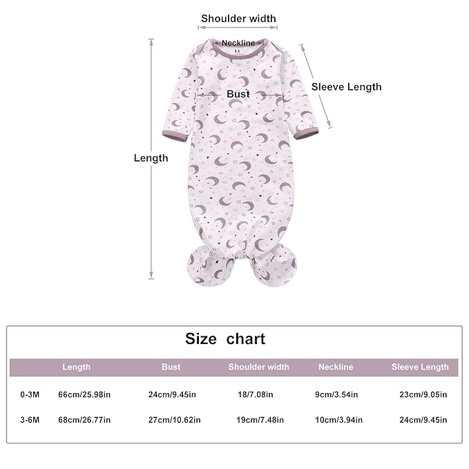 Newborn Knotted Nightgown Long Sleeve with Matching Hat Set 3 Pack, Unisex Baby Sleeper Gowns Coming Home Outfits Set with Mitten Cuffs for Boys Girls 3-6 Months