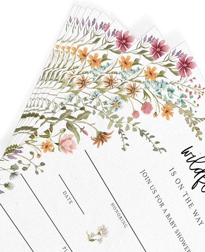 Printed Party Baby Shower Invitations with Envelopes – Wildflower Theme for Girl, Baby In Bloom Sprinkle, Set of 30