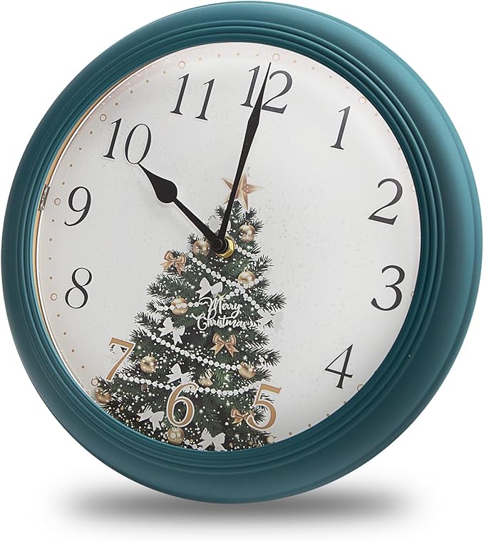 Evelyne LED Round Wall Clock - Battery Operated, Night-time Sensor - Easy-to-Read Analog for Bedroom, Office & Living Room (Christmas Tree)