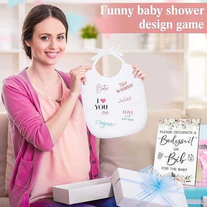 Roowest 35 Pcs Baby Shower Bibs Games Design Wooden Baby Shower Party Game Sign DIY Bodysuit Sign 15 White Blank Feeder Bibs 9 Newborn Bodysuit 10 Markers for Boys Girls(Flower)