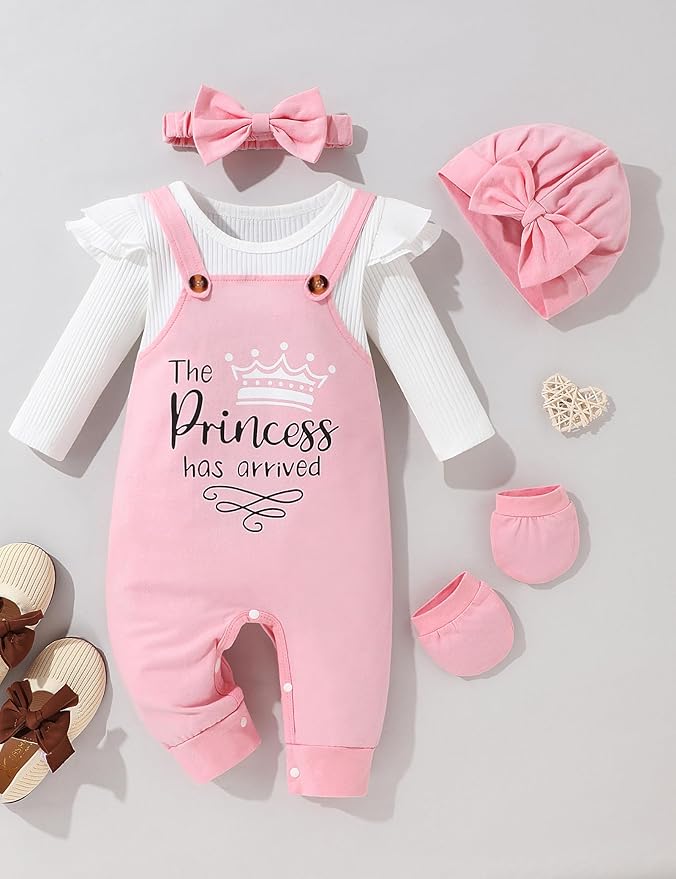 Baby Girl Clothes Patter&Letter Baby Girl Romper with Bow Hat&Headband and Gloves 4Pcs Baby Girl Coming Home Outfit