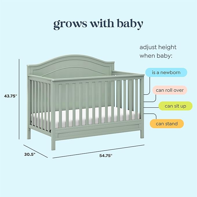 daVinci Charlie 4-in-1 Convertible Crib - GREENGUARD Gold Certified - Converts from Baby Crib to Toddler Bed, Daybed, and Full-Size Bed Effortlessly - 4 Adjustable Heights - Wooden Light Sage Baby Bed