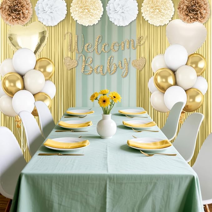 Gold White Baby Shower Decorations,Welcome Baby Banner with Sand White Gold Balloons Fringe Curtains Paper Pom Poms Flowers Tassels for Girl Boy Boho Baby Shower Gender Reveal Party Supplies