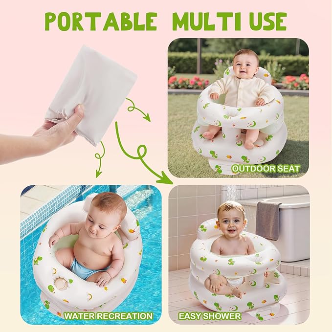Inflatable Baby Seat for Babies 3-36 Months,Baby Floor Chair with Built in Air Pump,Infant Back Support Seat for Sitting & Learning to Sit (Green Dinosaur)