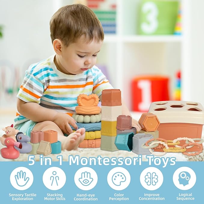 Shape Sorters Baby Toys 5 in 1 Montessori Toy for 6-48 Months Stacking Cups,Rings Toy Links,Soft Stacking Rings,Blocks Set,Soft Animals Toys Shape Sorters for Toddlers 1-3