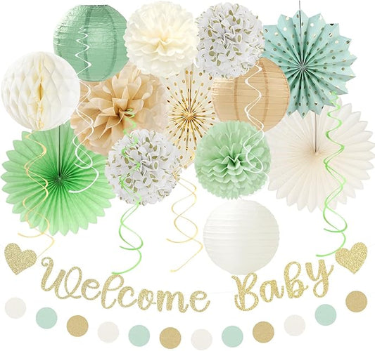 Sage-Green Champagne-Beige Baby Shower Party-Decorations - 21pcs Girls Boy Welcome Baby Banner,Paper Lanterns Pom Poms,Safari Woodland Boho Neutral Streamers Garland Decor Favors Huglony