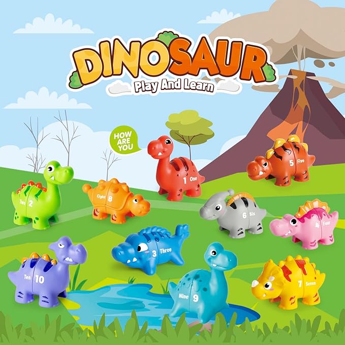 20PCS Dinosaur Number Matching Learning Toys for Toddlers 3-5, 10 Different Dinosaur Figures, Montessori Educational Toys Gifts for Boy Girl, Preschool Learning Activities, Double Sided Matching Game