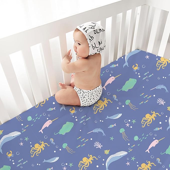 Little Grape Land Toddler Sheets 4 Pack – Baby Crib Sheets Fitted for Boys Girls, Standard Size 28x52‘’ Crib Mattress, Super Soft Breathable Washable Microfiber (Whale/Shell Blue/Ocean/Navy)