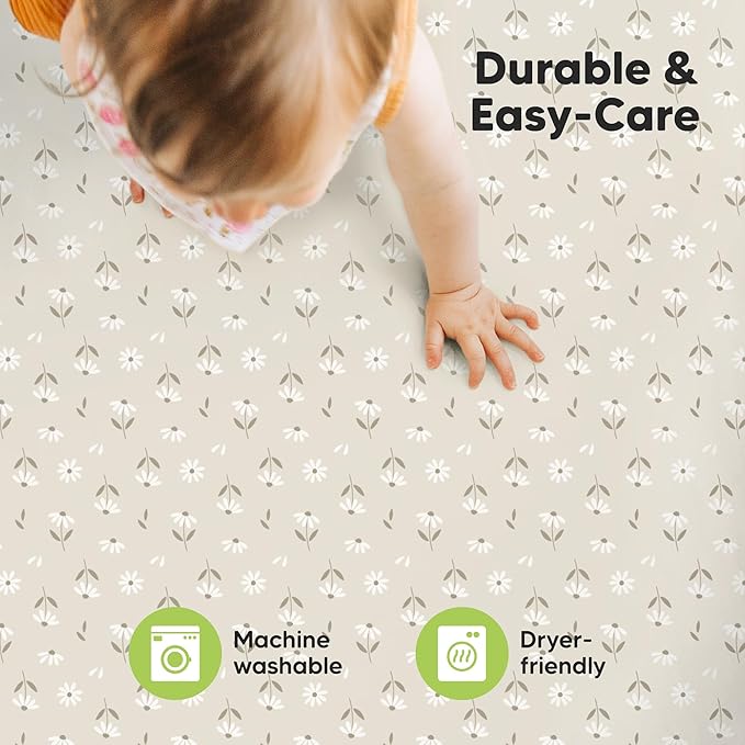 2-Pack Mini Crib Sheets Fitted - 38x26 Pack N Play Sheets for Pack and Play Mattress, Organic Cotton, Soft & Breathable Playard Bedding, Neutral Mini Toddler Bed Cover for Boys, Girls (Daisies)