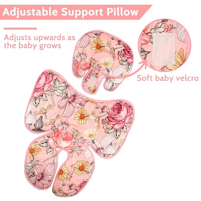 Pink Infant Car Seat Head Body Support Pillow, 2-in-1 Reversible CarSeat Insert,Soft Cushion for Stroller, Swing, Bouncer,Flowers