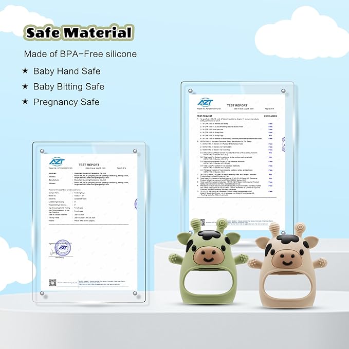 TOHIBEE 2 Packs Baby Teething Toys for 0-6 6-12 Months, Food Grade Silicone Adjustable Cow Teething Mitten, Chew Teether Toys for Teething Pain Relief, Baby and New Born Essentials, Green & Beige