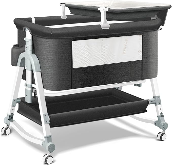 4 in 1 Bedside Bassinet for Baby, Portable Bassinets with Wheels, Baby Crib with Changing Station, Mattress Included and Storage, Foldable Travel Bassinet for Infant/Newborn- Black- Half Mesh