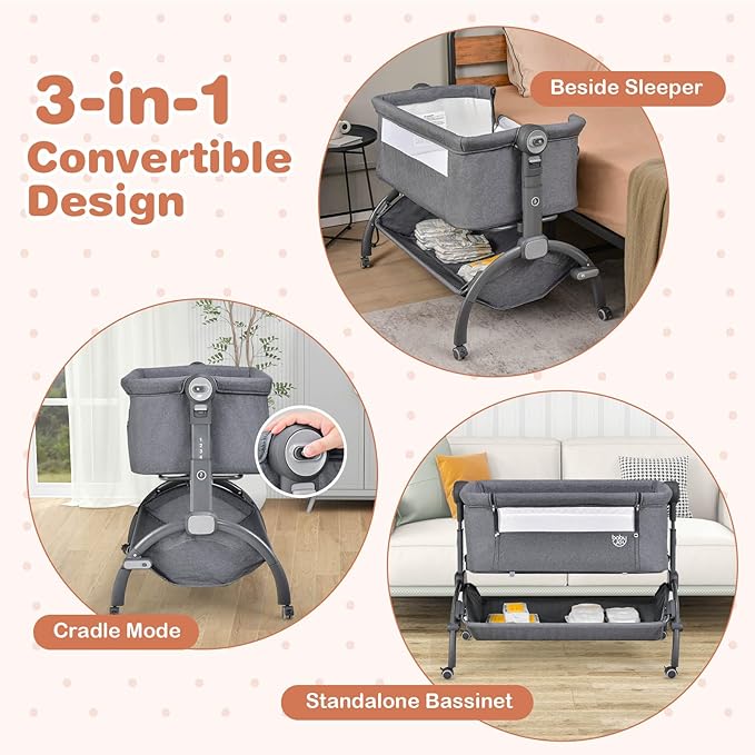 BABY JOY Baby Bassinet, 3-in-1 Rocking Bassinet w/Storage Basket, Double-Lock Design, 7 Adjustable Heights, Soft Mattress & Portable Travel Bag, Bassinet Bedside Sleeper for Newborns Infants (Gray)