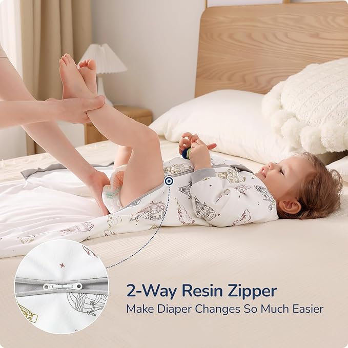 Baby Sleep Sack 12-18 Months, Cotton Detachable Long Sleeve Sleep Sack, 1.0 Tog Toddler Sleeping Sack with Temperature Strips, 2-Way Zipper Wearable Blankets for Newborns, Hot Air Balloon