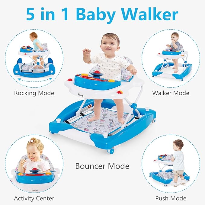 INFANS Baby Walker, 5 in 1 Behind Walker Learning Seated Rocker Bouncer with Removable Music Tray, Adjustable Height, Washable Seat Cushion, Foldable Activity Center for Toddlers (Unicorn)