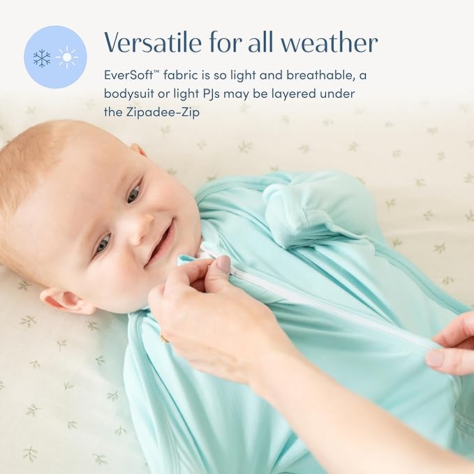 SleepingBaby EverSoft Zipadee-Zip Transition Swaddle - Roomy Wearable Blanket with Two Way Zipper - Viscose from Bamboo - Sea Glass, X-Small (3-6 Month)
