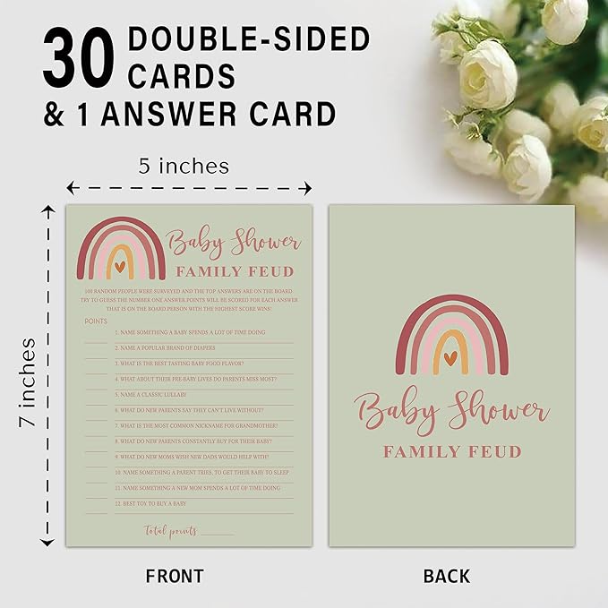 Baby Shower Family Feud Game - 30 Cards, Answer Key, Rainbow Decorations for Boy & Girl, Feud Supplies-05B-Atrovirens