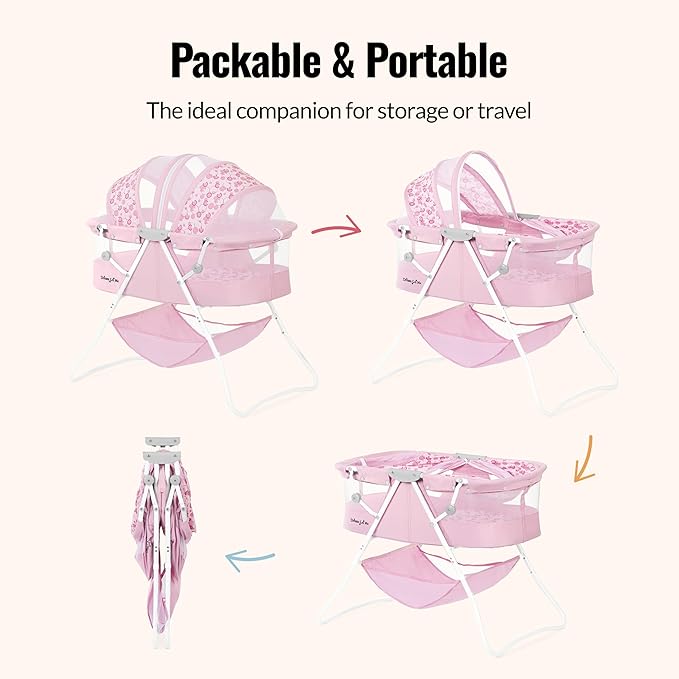 Dream On Me Karley Bassinet in Pink, Lightweight Portable Baby Bassinet, Quick Fold and Easy to Carry, Adjustable Double Canopy, Indoor and Outdoor Bassinet with Large Storage Basket.