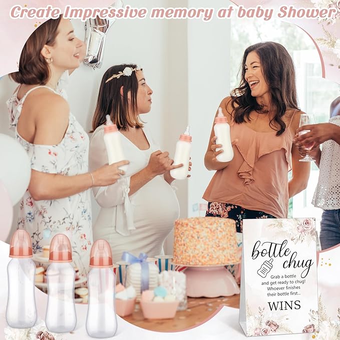 TrelaCo Cool Baby Shower Games Sets 12 Pcs Feeding Bottles with 1 Bottle Chug Sign for Gender Reveal Baby Shower Party Favors Decoration Games(Boho,Brown)