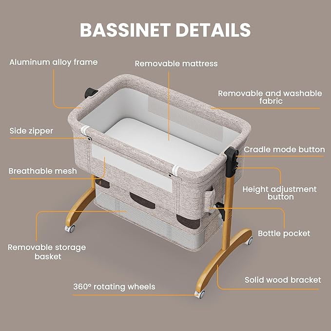 Baby Bassinet, Bedside Bassinet for Baby, 3 in 1 Adjustable Height Bedside Sleeper with Wheels, Breathable Mesh, Easy Folding Portable Crib, Rocking Mode & Storage Basket for Newborn Infants