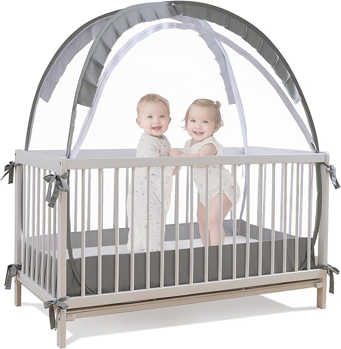 Lazyzzzz Baby Crib Tent - Pop Up Crib Canopy with Double Zipper Self-Locked,1200 Holes/Inch Mesh Crib Net to Keep Baby from Climbing Out, Portable Easy Install 55" L x 27" W x 51" H Grey